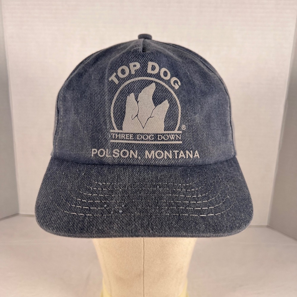 Vintage Top Dog Three Dog Down Polson Montana Snapback Hat Blue Trucker Cap USA